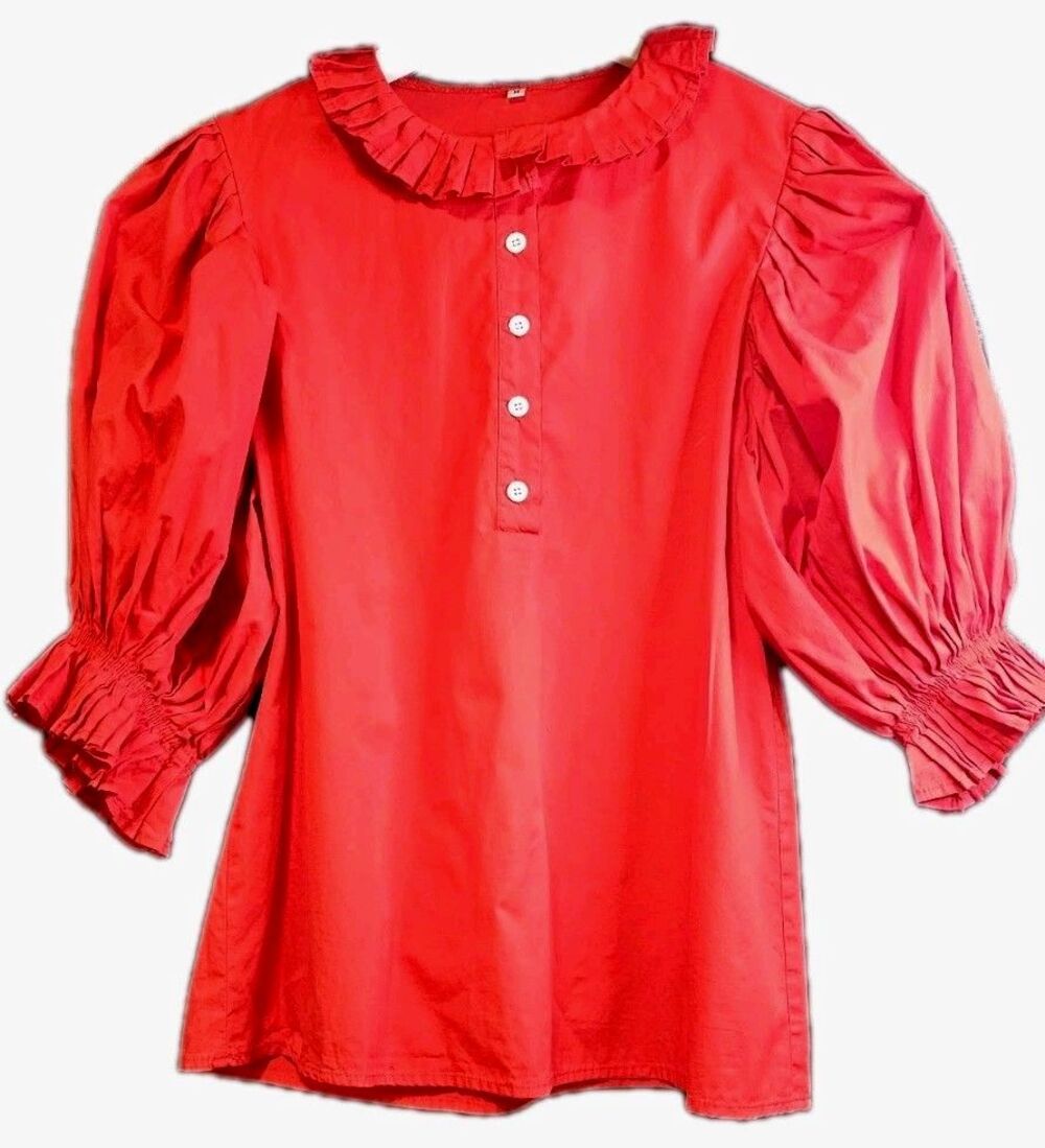 Red Puff Sleeve Blouse Ruffle Collar Patriotic Americana Cotton Top